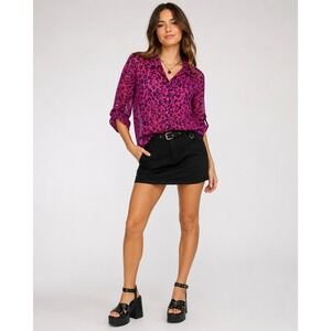 Hello Kitty Button Front Top Womens Small Pink Animal Print Sheer Polyester